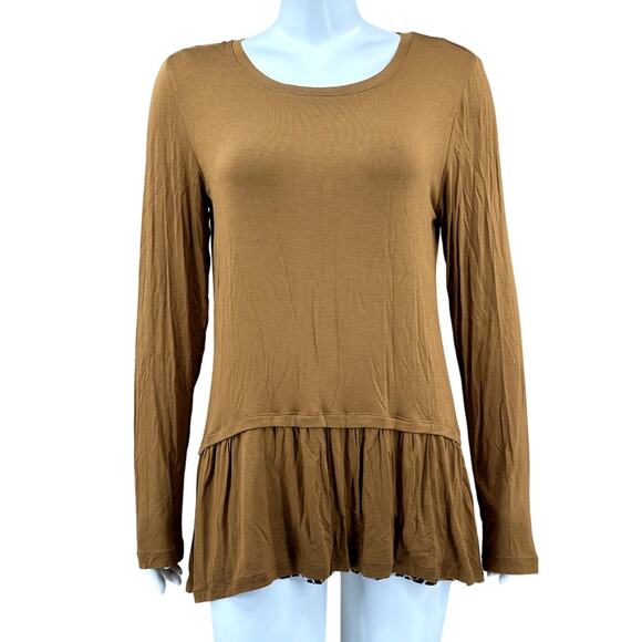 LOGO Lori Goldstein Top Womens Medium Tan Camel Twin Set Layered Tunic Stretch - Picture 1 of 8